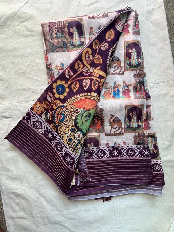 Rajasthani Digital Print Soft Synthetic Saree – Purple Border - light pink , purple