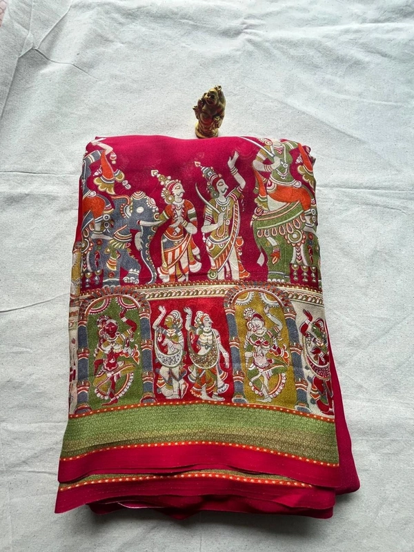 Viscose Kalamkari Saree with Traditional Art Print Border - Maroon, Red