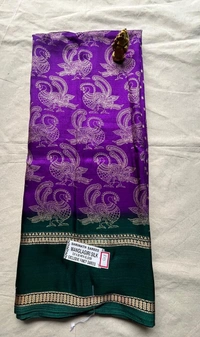 Silk Saree with Peacock Motifs and Green Zari Border - Pink, Purple, Yellow, Red, Light Green