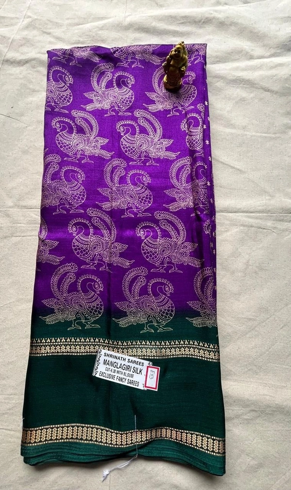 Silk Saree with Peacock Motifs and Green Zari Border - Pink, Purple, Yellow, Red, Light Green
