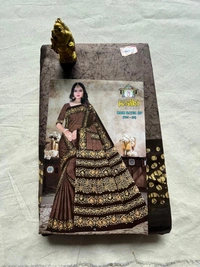 Maroon and Cream Batik Print Cotton Saree with Mustard Border - Cream, Grey