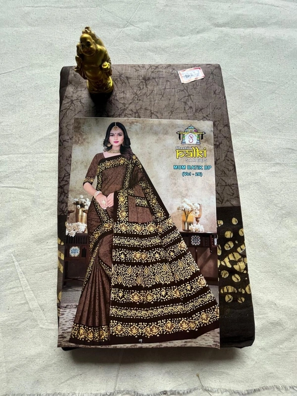 Maroon and Cream Batik Print Cotton Saree with Mustard Border - Cream, Grey