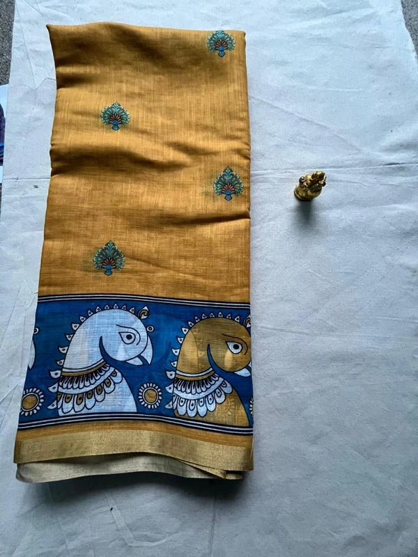 Handcrafted Lenin Cotton Saree with Kalamkari Border - Mustard Yellow & Blue