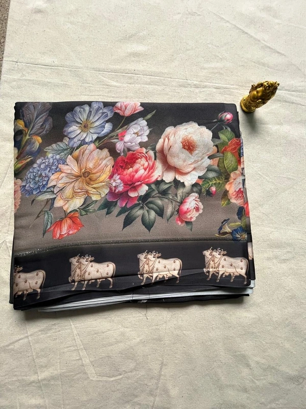 Satin Saree with Floral Digital Design - White, Cream, Grey, Red, Black