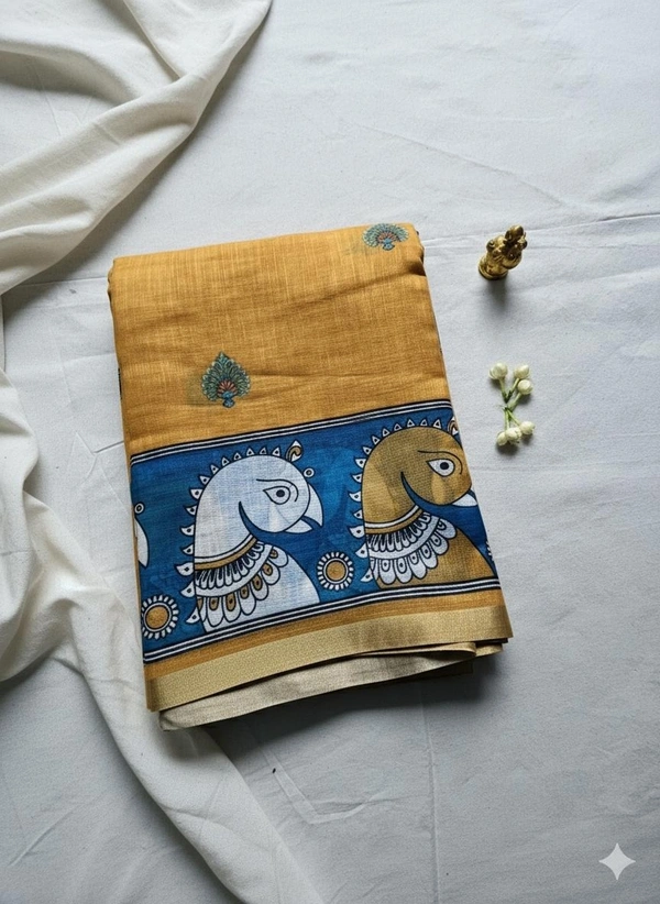 Handcrafted Lenin Cotton Saree with Kalamkari Border - Mustard Yellow & Blue