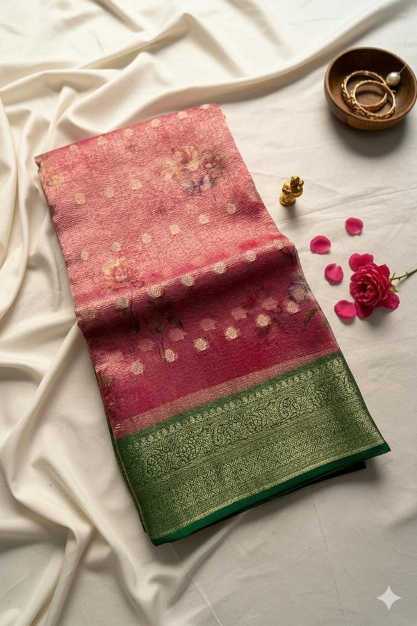 Elegant Pink Tussar Silk Saree with Floral Weave and Green Zari Border - Pink, Light Yellow