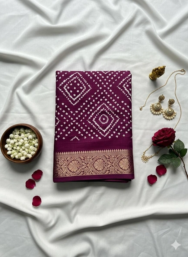 Royal Purple Bandhani Silk Saree with Zari Border - Royal Purple
