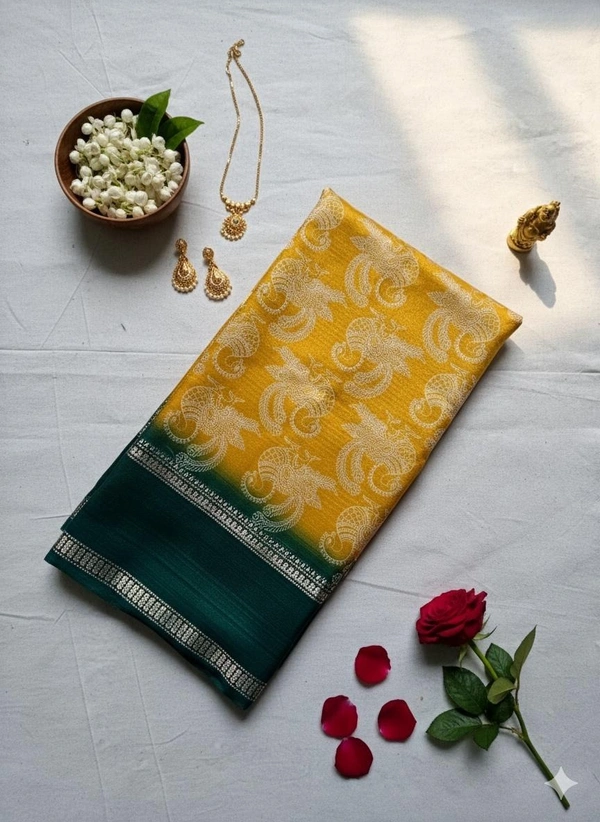 Silk Saree with Peacock Motifs and Green Zari Border - Pink, Purple, Yellow, Red, Light Green