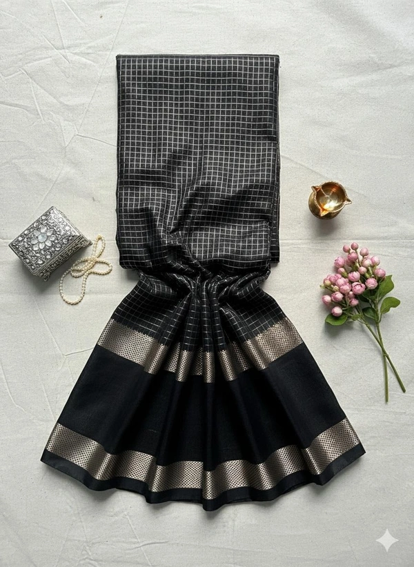 Classic Black Silk Saree with Silver Zari Border and Checked Pattern