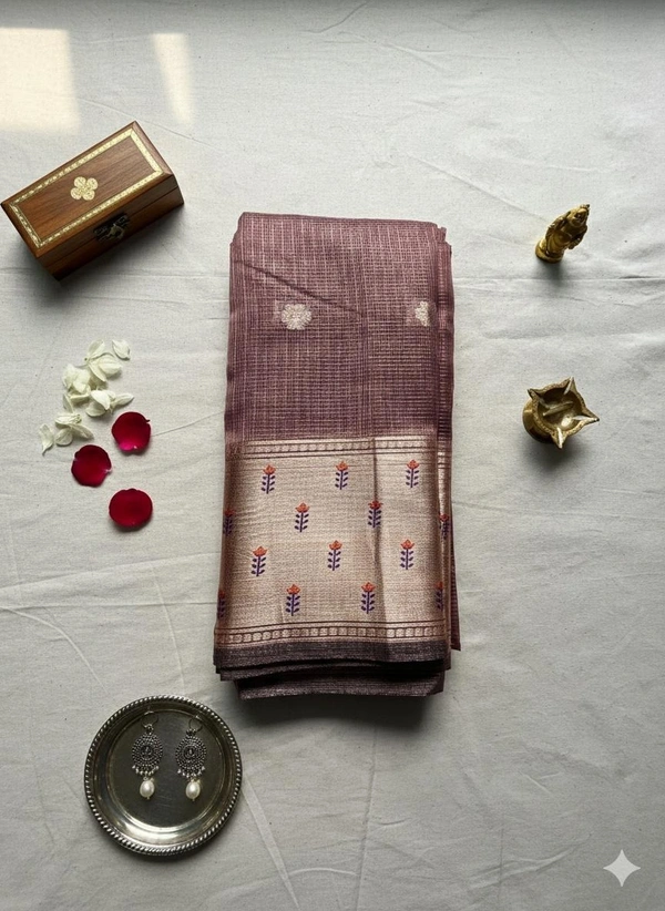 Subtle Mauve Soft Linen Saree with Woven Floral Border - Green, Light Pink