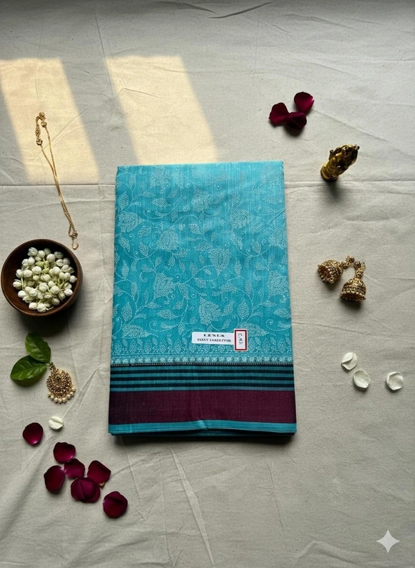 Cotton Fancy Sarees - Light yellow, Sky blue, orange, Green, Pink, Light Green