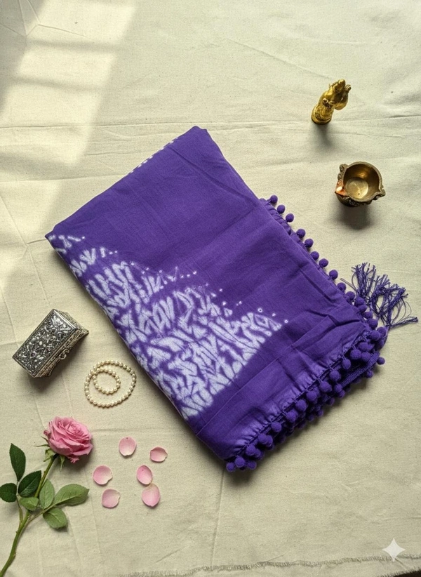 Purple Cotton Tie-Dye Saree with Pom-Pom Border - Purple