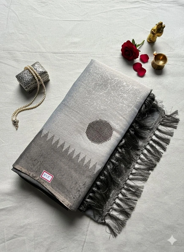 Elegant Grey Lenin Cotton Saree with Woven Motif and Tassel Pallu - Grey Ombre