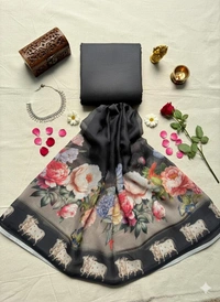 Satin Saree with Floral Digital Design - White, Cream, Grey, Red, Black