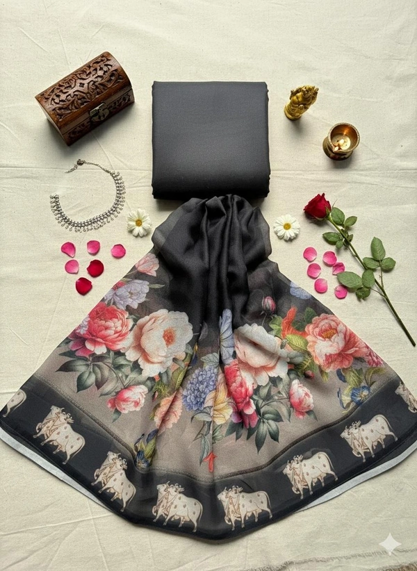 Satin Saree with Floral Digital Design - White, Cream, Grey, Red, Black