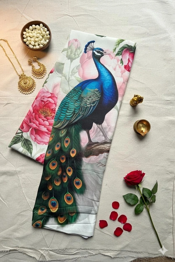 Satin Saree with Floral Digital Design - White, Cream, Grey, Red, Black