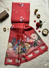 Satin Saree with Floral Digital Design - White, Cream, Grey, Red, Black