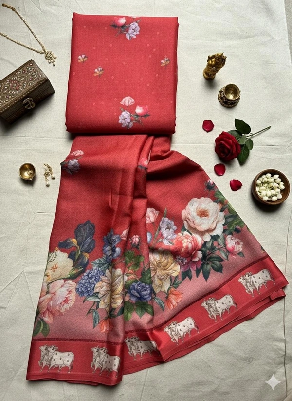 Satin Saree with Floral Digital Design - White, Cream, Grey, Red, Black