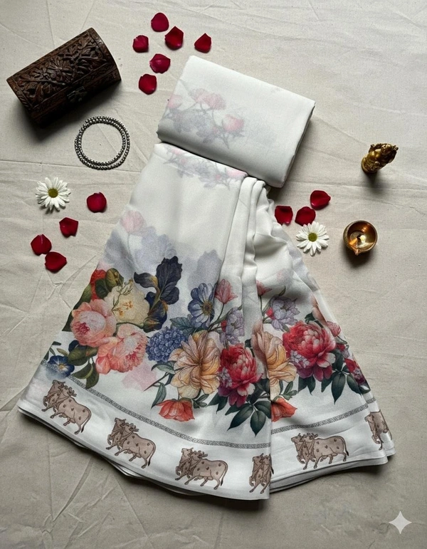 Satin Saree with Floral Digital Design - White, Cream, Grey, Red, Black