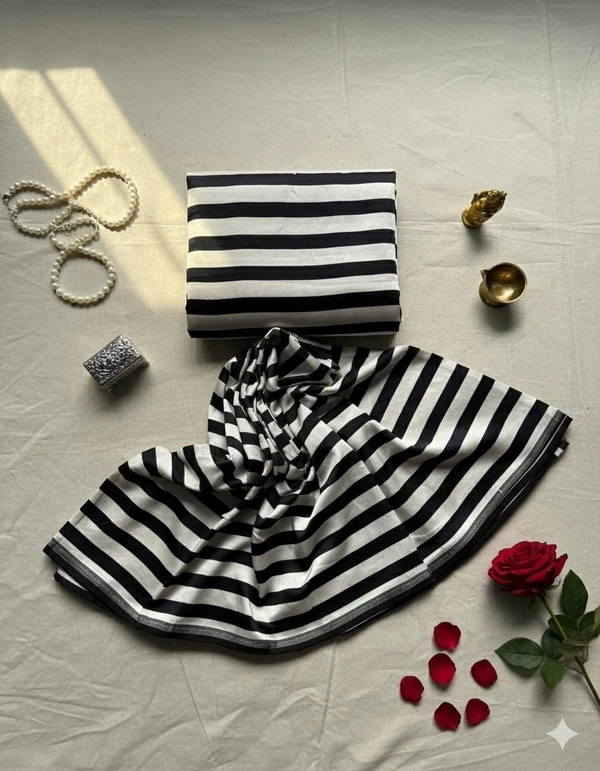 Black and White Striped Satin Saree – Modern Classic Look - Black