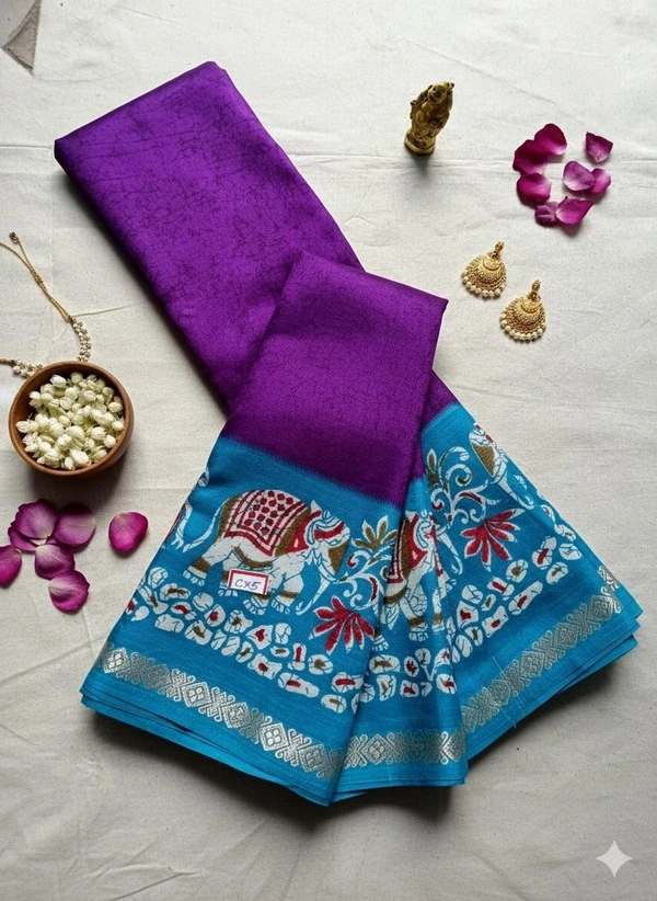 Soft Synthetic Saree withElephant Kalamkari Border - Grey, Dark Grey, Mustard Yellow, Purple