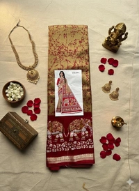 Soft Synthetic Saree withElephant Kalamkari Border - Grey, Dark Grey, Mustard Yellow, Purple