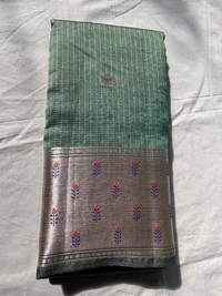 Subtle Mauve Soft Linen Saree with Woven Floral Border - Green, Light Pink