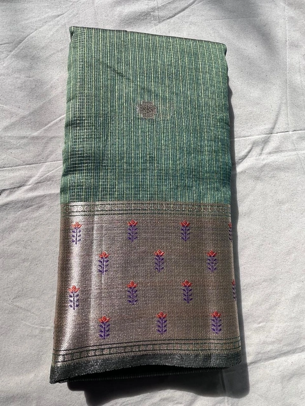 Subtle Mauve Soft Linen Saree with Woven Floral Border - Green, Light Pink
