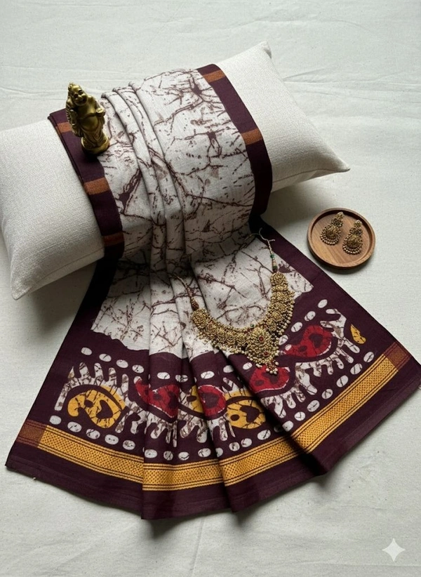 Maroon and Cream Batik Print Cotton Saree with Mustard Border - Cream, Grey