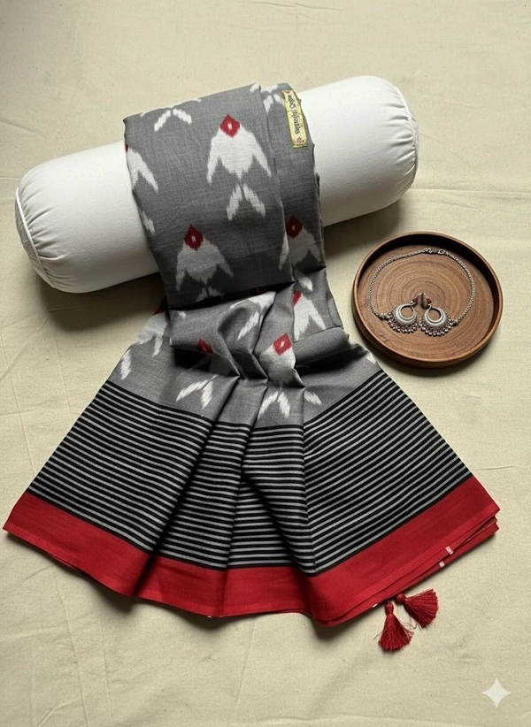 Grey Ikat Cotton Saree with Red Border and Tassel Detailing - Grey