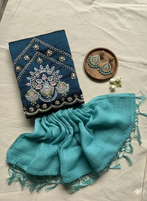 Synthetic Saree with Heavy Embroidered Work Blouse - Peach Green, Sky Blue, Yellow