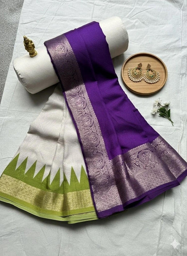 Royal Purple and Green Soft Synthetic Saree with Silver Zari Border
