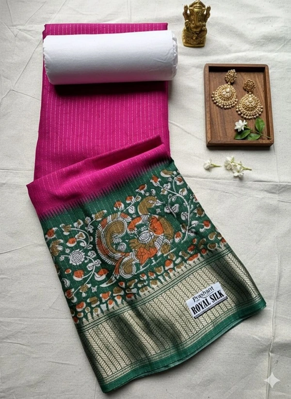 Synthetic Royal Silk Saree with Floral Weave Border - Pink, Light Green, Sky Blue