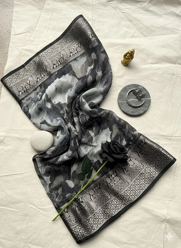 Crush Soft Synthetic Saree with Silver Zari Border - Black, Red, Purple