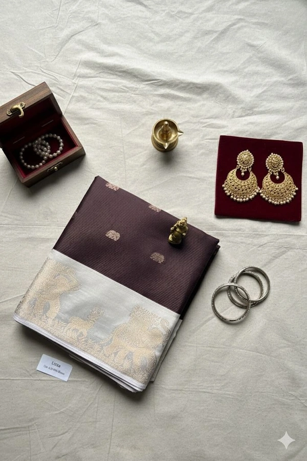 Maroon and Silver Semi Pattu Saree with Zari Elephant & Deer Border - Brown