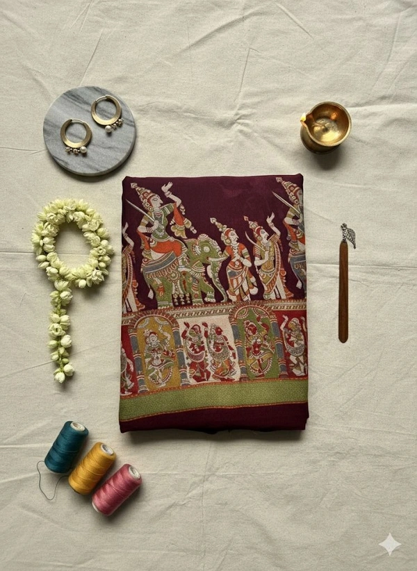 Viscose Kalamkari Saree with Traditional Art Print Border - Maroon, Red