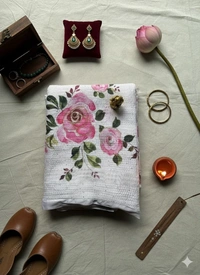 Weightless Linen Saree with Pink Rose Print - White, Grey, Purple