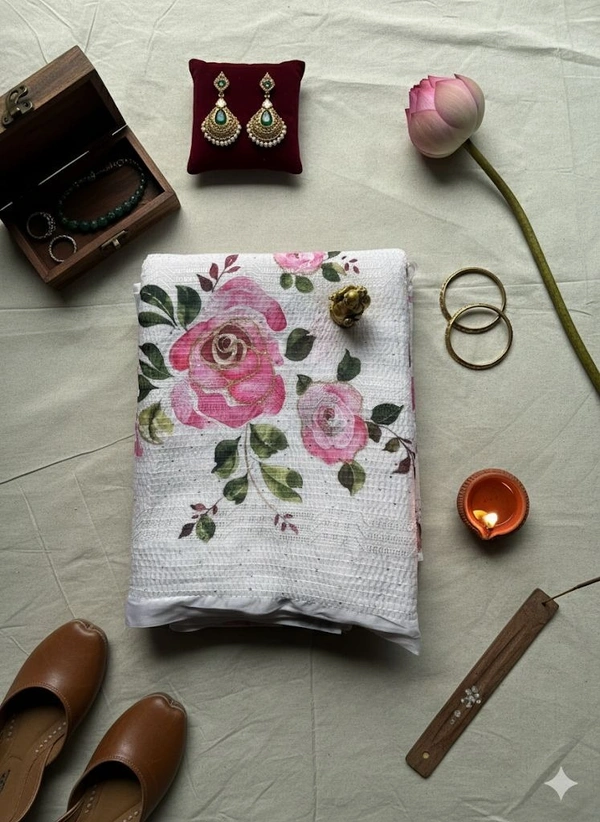 Weightless Linen Saree with Pink Rose Print - White, Grey, Purple