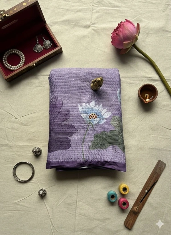 Weightless Linen Saree with Pink Rose Print - White, Grey, Purple