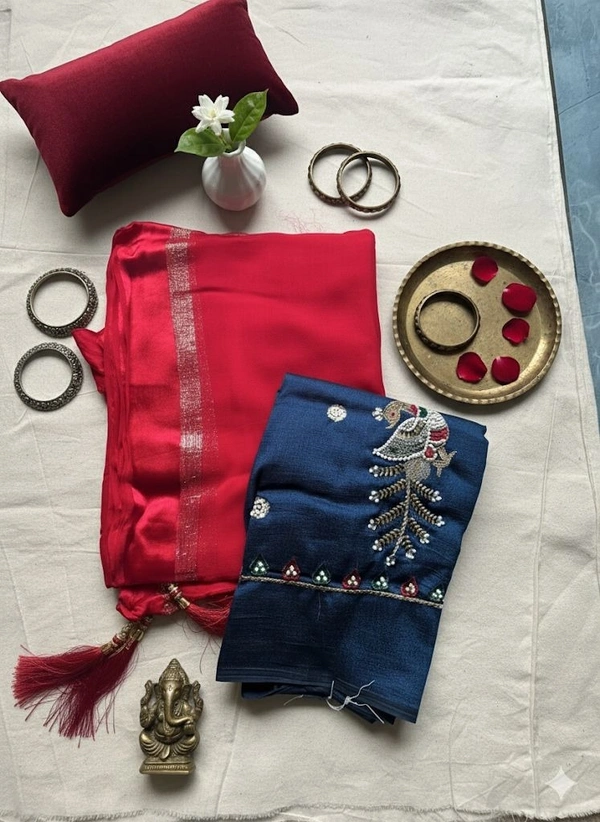 Red Georgette Saree with Blue Embroidered Designer Blouse - Red