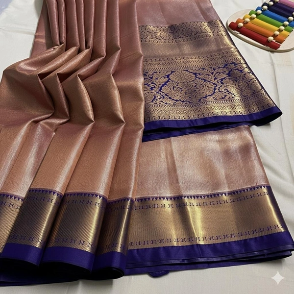 Elegant Rose Gold Tissue Pattu Saree with Royal Blue Zari Border - Rose Gold