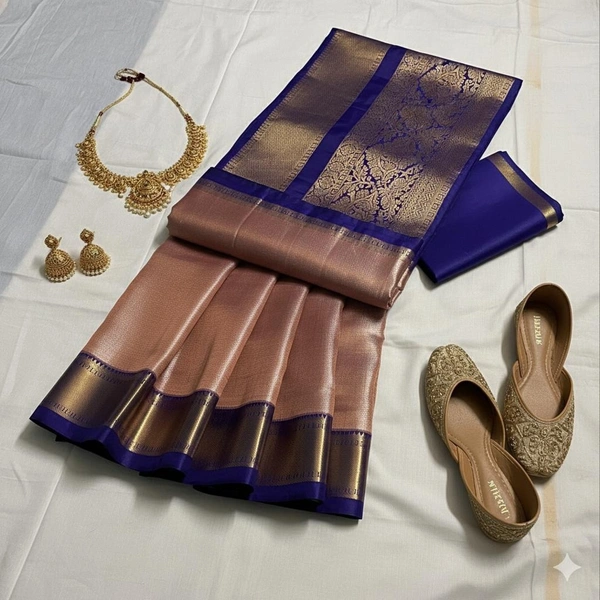 Elegant Rose Gold Tissue Pattu Saree with Royal Blue Zari Border - Rose Gold