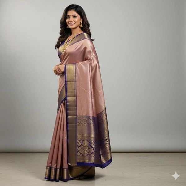 Elegant Rose Gold Tissue Pattu Saree with Royal Blue Zari Border - Rose Gold