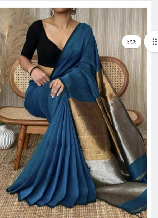 Pure Khadi Cotton Saree in Deep Teal Blue with Antique Zari Border - Deep Teal Blue