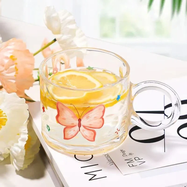 Kawaii Butterfly Glass Mug – Aesthetic Transparent Coffee Cup for Tea, Milk & Juice