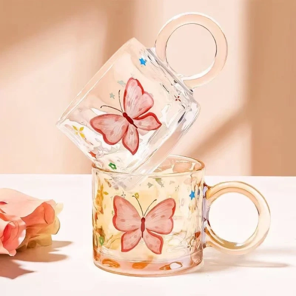 Kawaii Butterfly Glass Mug – Aesthetic Transparent Coffee Cup for Tea, Milk & Juice