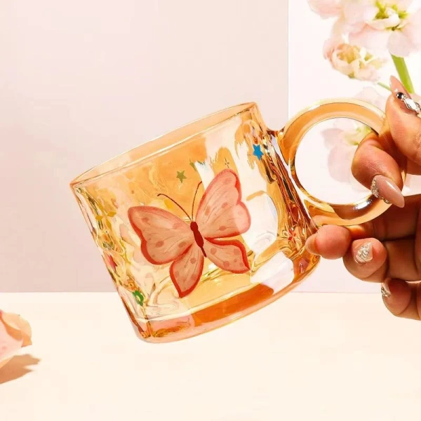 Kawaii Butterfly Glass Mug – Aesthetic Transparent Coffee Cup for Tea, Milk & Juice