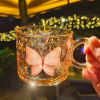 Kawaii Butterfly Glass Mug – Aesthetic Transparent Coffee Cup for Tea, Milk & Juice