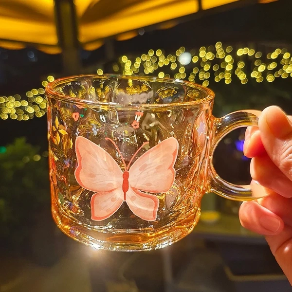 Kawaii Butterfly Glass Mug – Aesthetic Transparent Coffee Cup for Tea, Milk & Juice