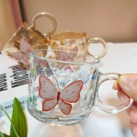 Kawaii Butterfly Glass Mug – Aesthetic Transparent Coffee Cup for Tea, Milk & Juice